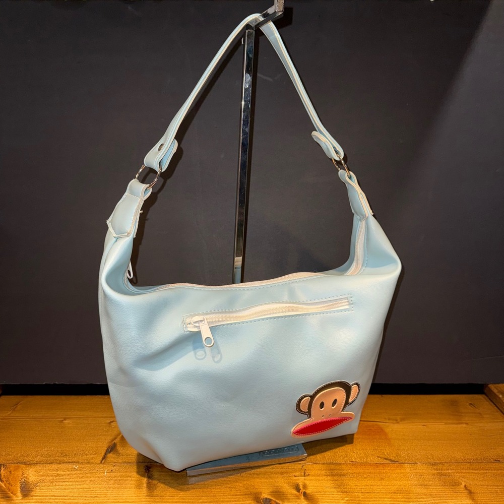 Vintage 2004 Paul Frank Julius Monkey Blue Vinyl Hobo Shoulder Bag Y2K
